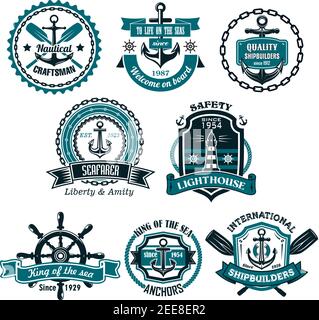 Icone nautiche e simboli impostati. Vettore isolato araldico marinaio timone nave e ancora, faro o vita boa con pale incrociate, capitano o marinaio Illustrazione Vettoriale