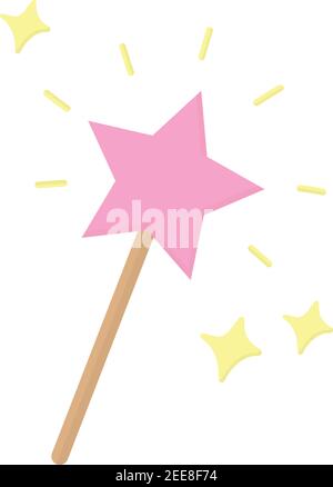 Bacchetta magica a forma di stella rosa con scintillanti scintille. Bacchetta magica, bastone, icona grafica, illustrazione vettoriale, isolato. Illustrazione Vettoriale