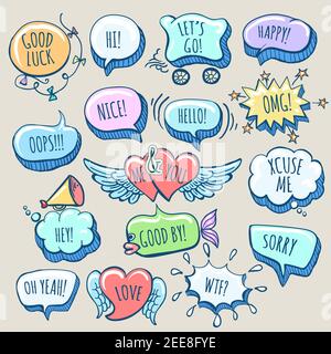 Set di Doodle Cartoon Drawn Speech bolle con parole. Illustrazione vettoriale. Illustrazione Vettoriale