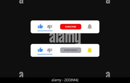 Terza parte inferiore della piattaforma di streaming video. Pulsante di iscrizione. Mi piace e non mi piace, ricevi le icone di notifica. Illustrazione vettoriale su sfondo nero. Illustrazione vettoriale Illustrazione Vettoriale