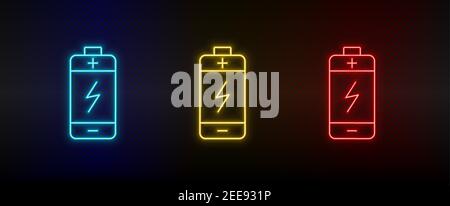 Batteria set con icone al neon. Set di icone vettoriali al neon rosse, blu e gialle Illustrazione Vettoriale