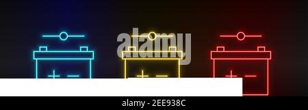 Icona neon batteria set, contatto. Set di icone vettoriali al neon rosse, blu e gialle Illustrazione Vettoriale