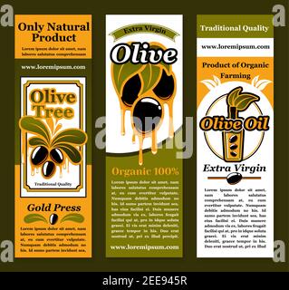 Striscioni di prodotti a base di olio d'oliva con simboli vettoriali di olive nere fresche su rami con gocce di olio extravergine da bottiglie e vasetti. Design Illustrazione Vettoriale