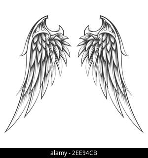 Tatuaggio delle ali disegnato in stile incisione su sfondo bianco. Illustrazione vettoriale. Illustrazione Vettoriale