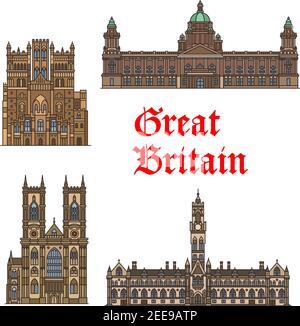 Viaggio in inglese punto di riferimento del set di icone della Gran Bretagna. Chiesa gotica Abbazia di Westminster, Durham Cattedrale, Bradford City Hall e Belfast City Hall Thin li Illustrazione Vettoriale