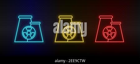 Set di icone al neon nucleare, impianto. Set di icone vettoriali al neon rosse, blu e gialle Illustrazione Vettoriale