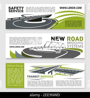 Sicurezza stradale e tecnologia delle costruzioni banner vettoriali di servizio per ponti autostradali e gallerie autostradali, società di riparazione di costruzioni e trasporti. Illustrazione Vettoriale