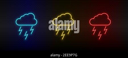 Icona al neon per impostare pioggia, energia, illuminazione. Set di icone vettoriali al neon rosse, blu e gialle Illustrazione Vettoriale
