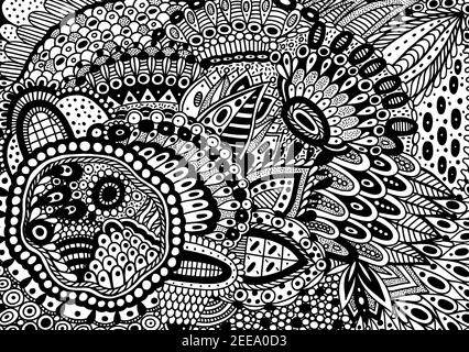 Ornamento di fiori con motivi e foglie. Zendoodle fantastica pagina da colorare per adulti. Schema trippy astratto. Arte psichedelica Arte vettoriale Illustrazione Vettoriale