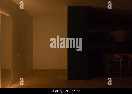 Design interno dell'appartamento in colori chiari. Visualizzazione realistica 3D al computer degli interni della cucina e della sala in uno stile moderno. Dayli Foto Stock