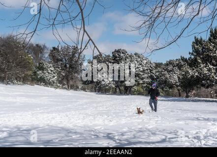 Austin, Texas, Stati Uniti. 15 Feb 2021. Austin, Texas. I residenti del quartiere di Travis Heights possono sfruttare al meglio un'inaspettata giornata sulla neve. La maggior parte dei residenti nella zona non hanno avuto potere dalle 2 del mattino Credit: Sandra Dahdah/ZUMA Wire/Alamy Live News Foto Stock