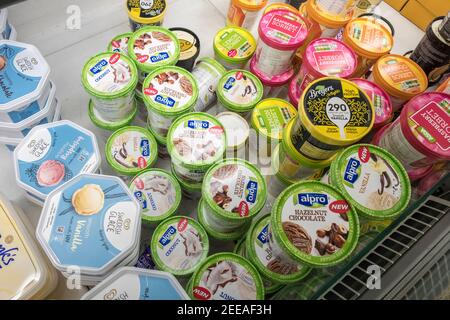 Selezione di gelati e sorbetti senza latte, vegani, senza lattosio, senza glutine e a base di soia nel congelatore del supermercato Foto Stock
