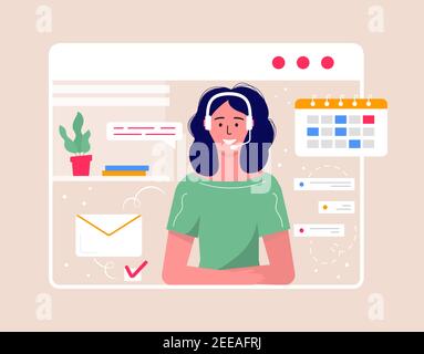 Stazione di atterraggio dell'operatore del call center per il Web. Sorridendo gli impiegati con i caratteri dei cartoni animati delle cuffie. Assistenza clienti, operatore hotline, consulente ma Illustrazione Vettoriale
