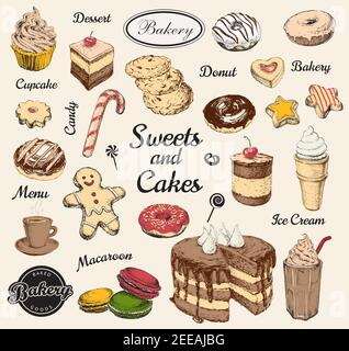 Set di dolci disegnati a mano Dessert Coffee Vector illustrazione Illustrazione Vettoriale