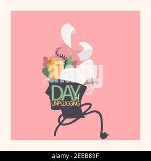 Giorno di scollegamento. Lettere e illustrazioni. Testa umana con libri all'interno. Libro amante, conoscenza e concetto di educazione. Detox digitale. Vettore multinc Illustrazione Vettoriale