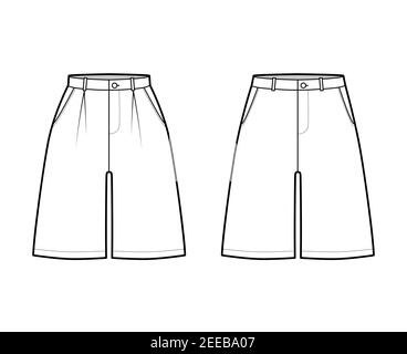 Set di pantaloncini baggy Bermudas vestito pantaloni tecnica moda illustrazione con ginocchio lunghezza, singola piega, normale vita bassa, alto aumento. Modello a fondo piatto di colore bianco anteriore. Donne, uomini CAD mockup Illustrazione Vettoriale