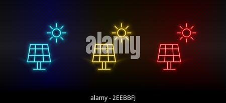 Set di icone al neon solare, carica, batteria. Set di icone vettoriali al neon rosse, blu e gialle Illustrazione Vettoriale