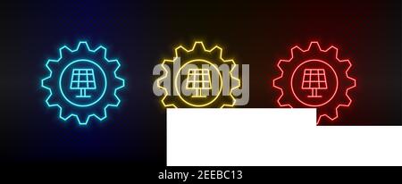 Impostazione set icone neon, solare. Set di icone vettoriali al neon rosse, blu e gialle Illustrazione Vettoriale