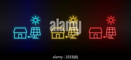 Icona neon set home, solare, caricabatterie. Set di icone vettoriali al neon rosse, blu e gialle Illustrazione Vettoriale