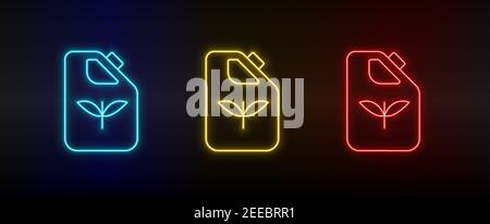 Set icone neon lattina, eco, piante, bottiglia. Set di icone vettoriali al neon rosse, blu e gialle Illustrazione Vettoriale