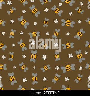 Motivo senza cuciture con api e fiori su sfondo beige. Adorabili personaggi wasp cartoon. Modello di disegno per invito, schede, tessuto, tessuto Illustrazione Vettoriale