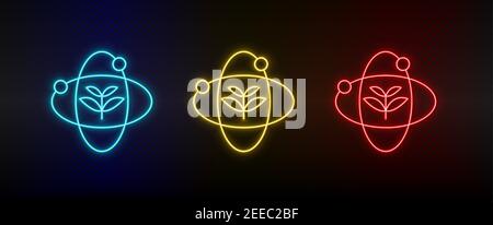 Set di icone al neon Atom, piante, eco. Set di icone vettoriali al neon rosse, blu e gialle Illustrazione Vettoriale