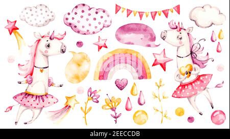 Carino unicorn bambino ragazza. Watercolor vettore vivaio cartoon animali magici, nuvole rosa, arcobaleno. Adorabile set di principesse per infermieri Illustrazione Vettoriale