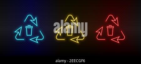 Set icone al neon trashcan, eco. Set di icone vettoriali al neon rosse, blu e gialle Illustrazione Vettoriale