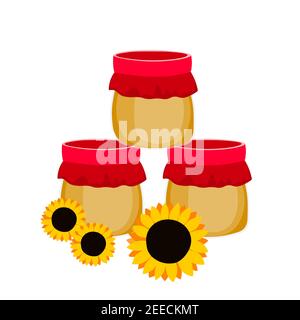 Vaso con miele e fiori isolati su sfondo bianco. Girasole arancione. Stile cartone animato. Icona modello, design per tessuto, tessuto, poster, scheda Illustrazione Vettoriale