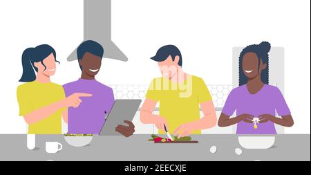 Un gruppo di giovani cuoca a casa. Cottura congiunta. Illustrazione vettoriale di diverse persone di colore della pelle. EPS 10 Illustrazione Vettoriale