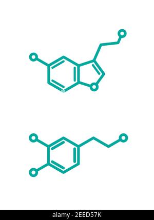 Struttura molecolare della dopamina e della serotonina. Molecola del neurotrasmettitore. Formula chimica scheletrica. Ormone della felicità e della gioia. Illustri di linea vettoriale Illustrazione Vettoriale