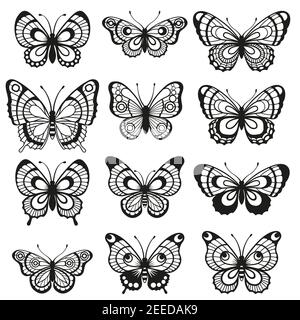 Profilo vettoriale elegante farfalla isolata su sfondo bianco. Set di lime di taglio laser facile per il disegno di cerimonia nuziale, decorazione della scheda di compleanno e scrapbooking Illustrazione Vettoriale