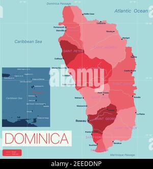Dominica paese Mappa dettagliata modificabile con regioni città e città, strade e ferrovie, siti geografici. File vettoriale EPS-10 Illustrazione Vettoriale