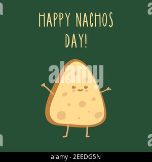 Buon giorno di Nachos. Nacho simpatico divertente giallo colorato. Disegno di icone di illustrazione di carattere vettoriale di cartoon isolato su sfondo verde Illustrazione Vettoriale