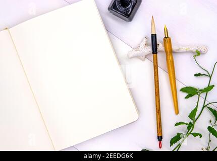 Pagina vuota del libro di schizzo con gli attrezzi di calligraphy e il fogliame verde. Foto vista dall'alto del notebook su sfondo bianco. Giacitura orientale piatta con pagina vuota. WI Foto Stock