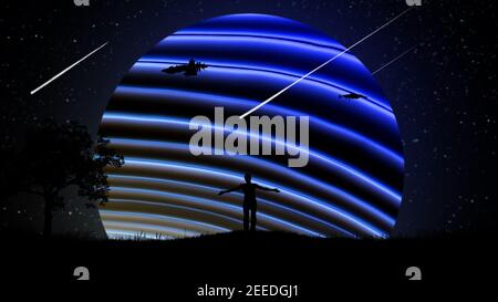 Un uomo di notte all'aperto con le mani separate, sollevato all'aria sullo sfondo del cielo stellato con astronavi e un bel neon incandescente Foto Stock