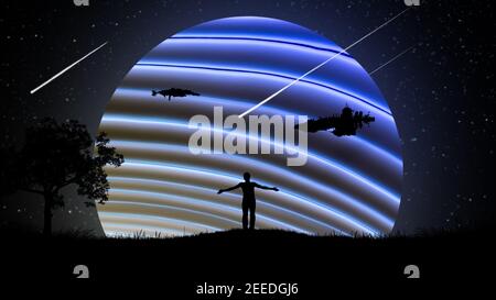 Un uomo di notte all'aperto con le mani separate, sollevato all'aria sullo sfondo del cielo stellato con astronavi e un bel neon incandescente Foto Stock