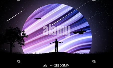 Un uomo di notte all'aperto con le mani separate, sollevato all'aria sullo sfondo del cielo stellato con astronavi e un bel neon incandescente Foto Stock