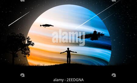 Un uomo di notte all'aperto con le mani separate, sollevato all'aria sullo sfondo del cielo stellato con astronavi e un bel neon incandescente Foto Stock