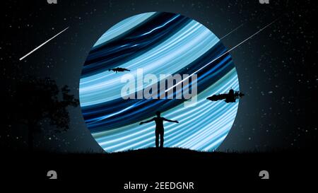 Un uomo di notte all'aperto con le mani separate, sollevato all'aria sullo sfondo del cielo stellato con astronavi e un bel neon incandescente Foto Stock