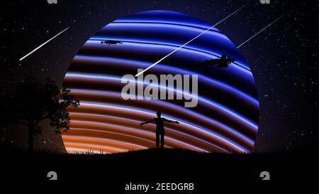 Un uomo di notte all'aperto con le mani separate, sollevato all'aria sullo sfondo del cielo stellato con astronavi e un bel neon incandescente Foto Stock