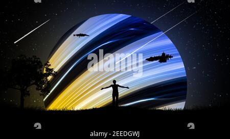 Un uomo di notte all'aperto con le mani separate, sollevato all'aria sullo sfondo del cielo stellato con astronavi e un bel neon incandescente Foto Stock