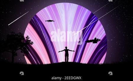 Un uomo di notte all'aperto con le mani separate, sollevato all'aria sullo sfondo del cielo stellato con astronavi e un bel neon incandescente Foto Stock