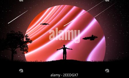 Un uomo di notte all'aperto con le mani separate, sollevato all'aria sullo sfondo del cielo stellato con astronavi e un bel neon incandescente Foto Stock