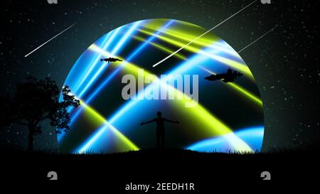 Un uomo di notte all'aperto con le mani separate, sollevato all'aria sullo sfondo del cielo stellato con astronavi e un bel neon incandescente Foto Stock