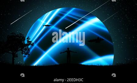 Un uomo di notte all'aperto con le mani separate, sollevato all'aria sullo sfondo del cielo stellato con astronavi e un bel neon incandescente Foto Stock