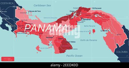 Paese di Panama Mappa dettagliata modificabile con regioni città e città, strade e ferrovie, siti geografici. File vettoriale EPS-10 Illustrazione Vettoriale
