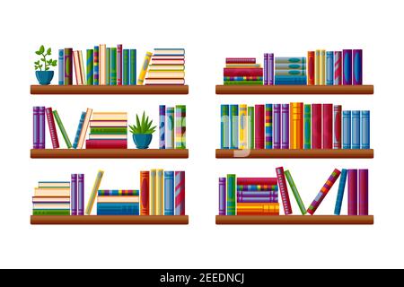 Scaffali con libri e piante. Letteratura per la lettura in vari scaffali in stile cartoon. Illustrazione vettoriale isolata su sfondo bianco Illustrazione Vettoriale