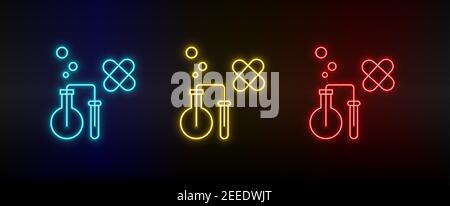 Set di icone al neon chimico, eco. Set di icone vettoriali al neon rosse, blu e gialle Illustrazione Vettoriale