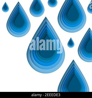 Blu gocce d'acqua carta taglio stile su sfondo bianco. Vettore. Illustrazione Vettoriale